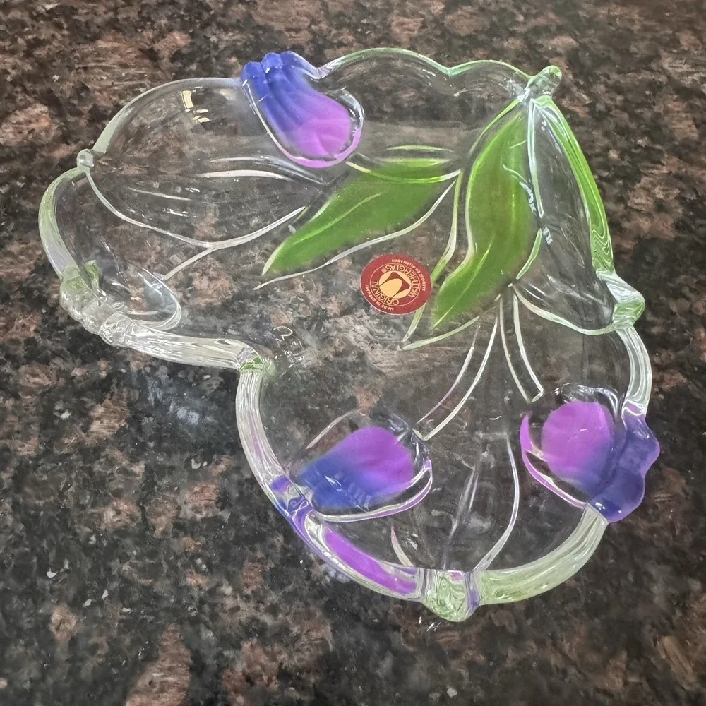 Waltherglas Heart~Shaped Glass Candy Dish Tulips Flowers German Original Sticker